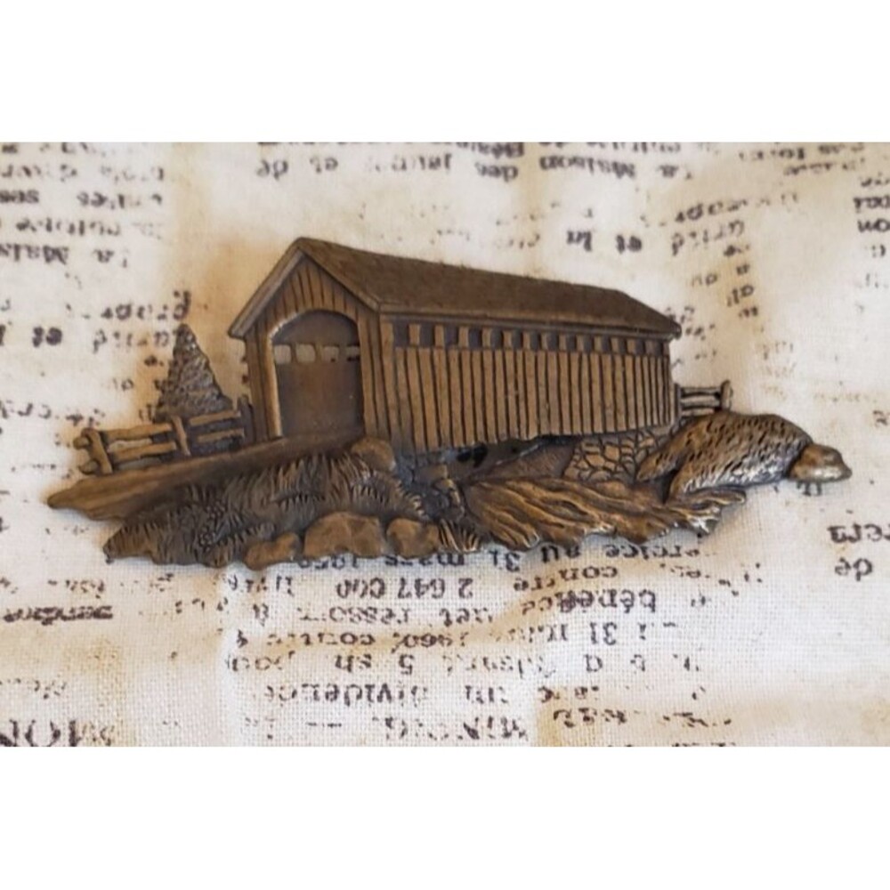 Vintage JJ Jonette Jewelry Company Covered Bridge Brooch Pin - Rustic, Americana